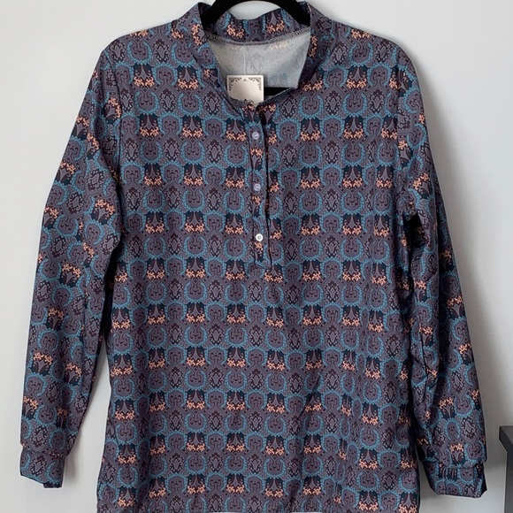 SIZE XL LA MODE BUTTON FRONT ABSTRACT V-NECK BLOUSE TOP GRAY & TEAL - Picture 1 of 11